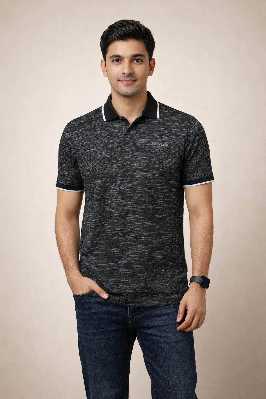 Black Inject Slub Jersey Screen print 90% Cotton-10% Polyester Inject Knit Polo-shirt for Men