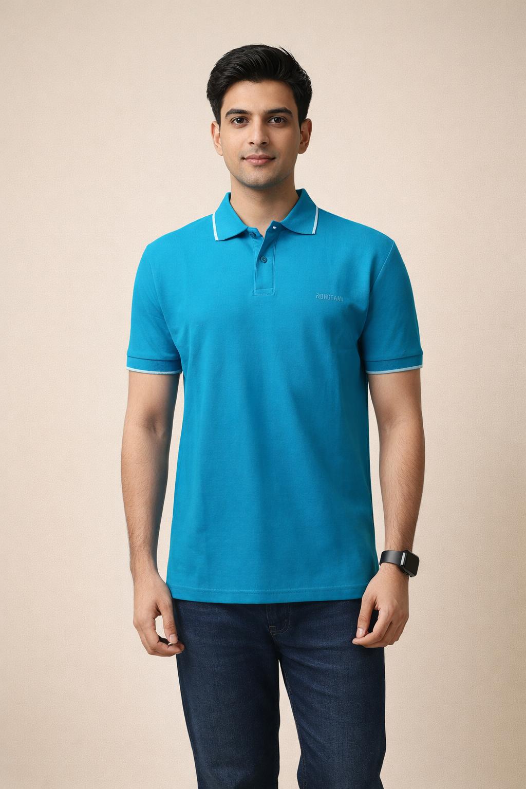 Sky blue Double pique Screen print 100% Cotton Men’s Knit Polo-shirt