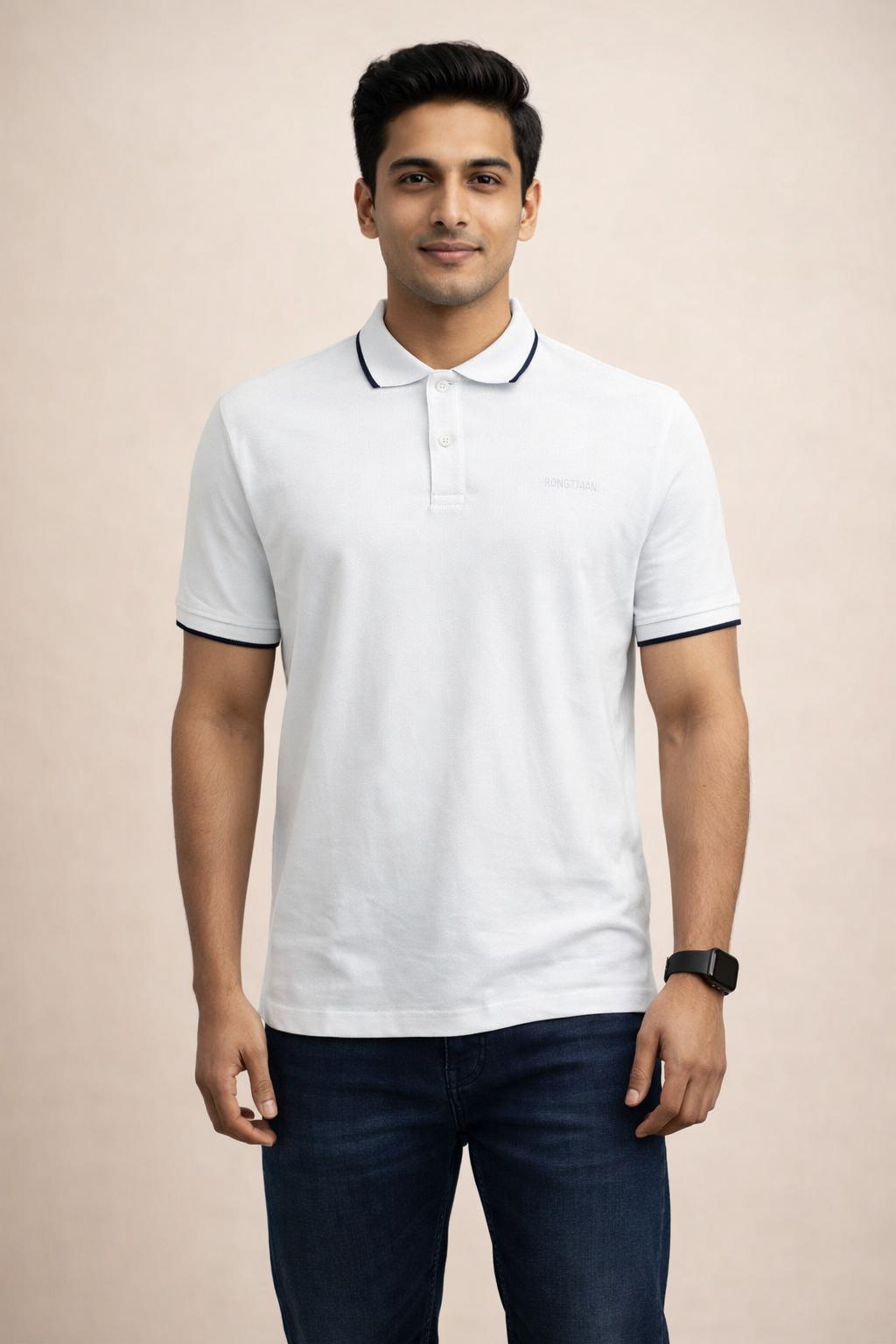 White Double pique Screen print 100% Cotton Men’s Knit Polo-shirt
