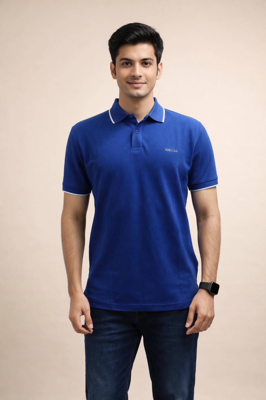 Royal Blue Double pique Screen print 100% Cotton Men’s Knit Polo-shirt