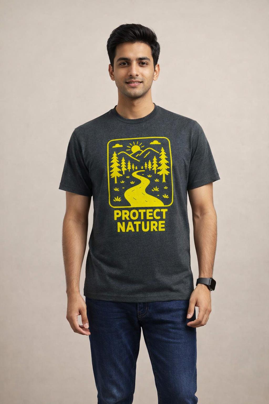 Charcoal Melange-Protect the nature-Screen print CVC 60%-40% Men’s Knit T-shirt
