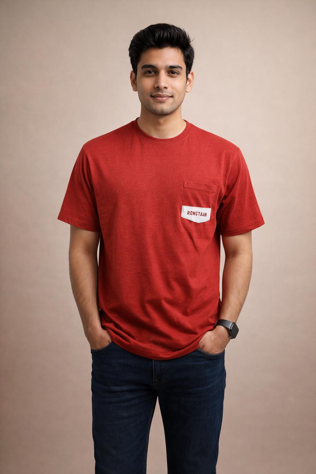 Red melange screen print men’s knit t-shirt (cvc 60%-40%)