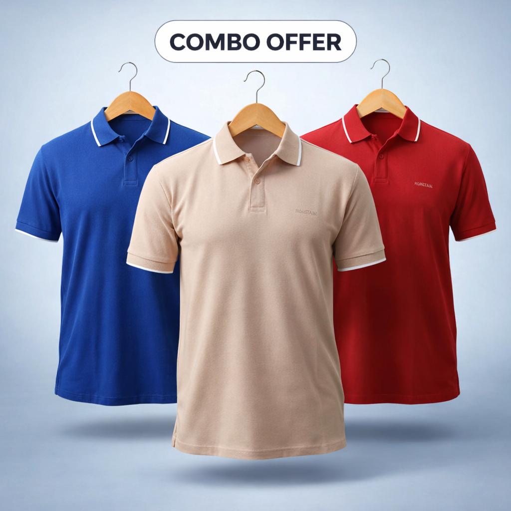 Combo Double Pique Screen Print 100% Cotton Knit Polo-Shirt For Men (Combo 1)