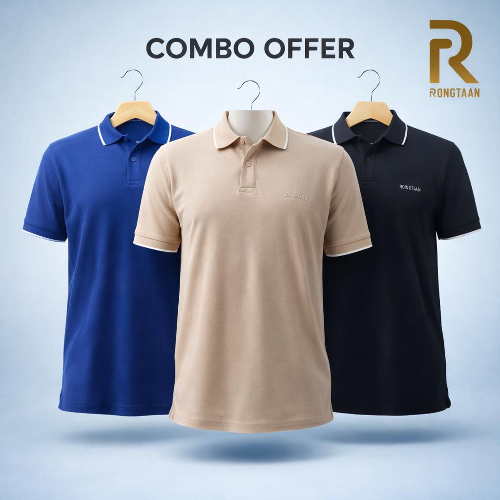 Combo Double Pique Screen Print 100% Cotton Knit Polo-Shirt For Men (Combo 4)