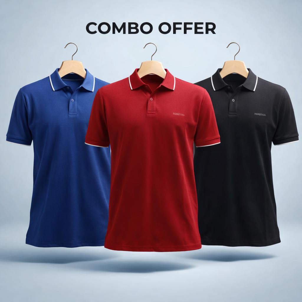 Combo Double Pique Screen Print 100% Cotton Knit Polo-Shirt For Men (Combo 5)