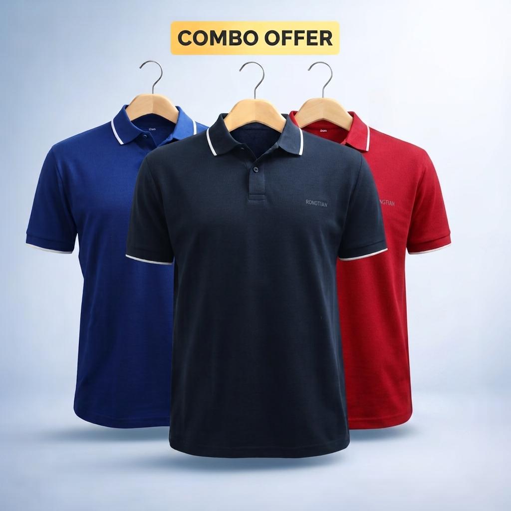 Combo Double Pique Screen Print 100% Cotton Knit Polo-Shirt For Men (Combo 2)